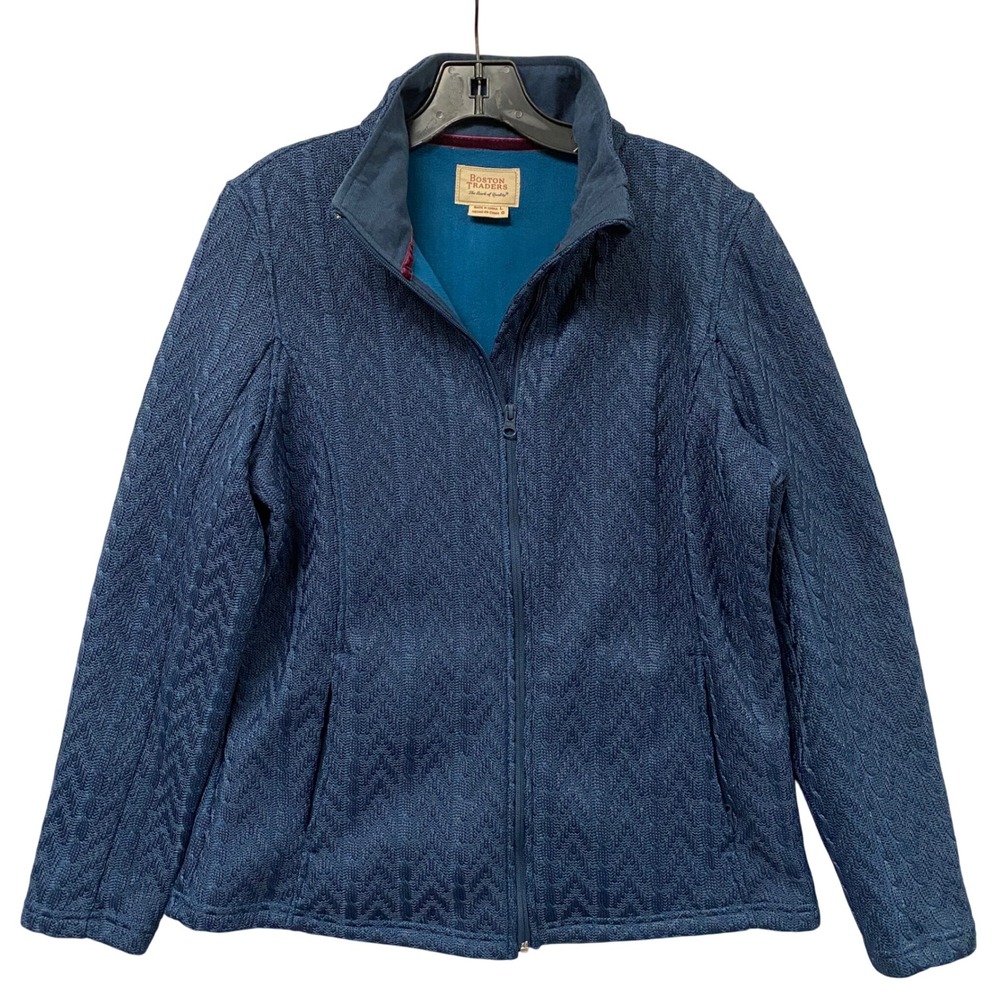 Boston Traders Blue Chevron Knit Full Zip‎ Lined Jacket Womens Size L Outerwear